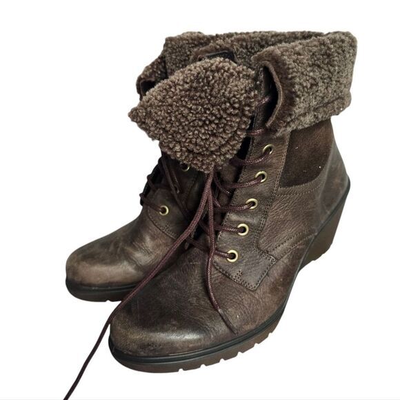 Ecco Brown Distressed Leather Shearling Lace Up Wedge Ankle Boots 36EU / US 5.5 - Picture 10 of 11